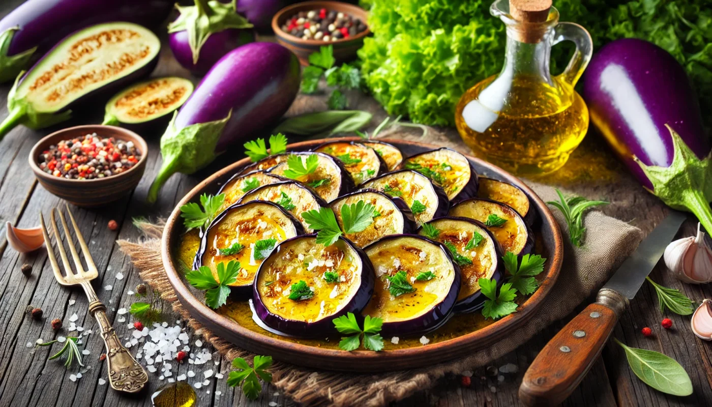 A rustic platter of roasted eggplant slices garnished with fresh herbs and olive oil, emphasizing their nutritional benefits for gout management.