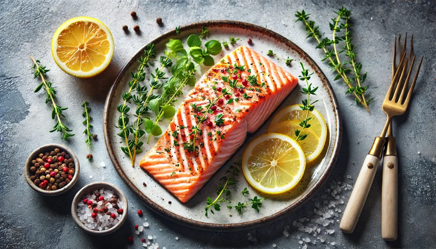 A beautifully plated serving of grilled salmon garnished with fresh herbs and lemon slices, showcasing the rich, pink color and flaky texture of the fish, highlighting its omega-3 fatty acid content and anti-inflammatory benefits.