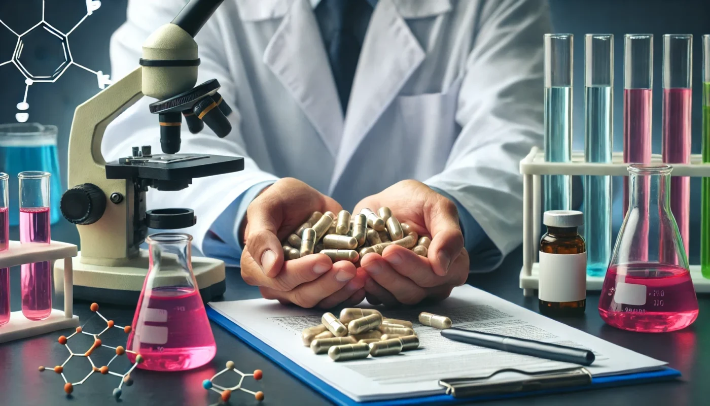 A widescreen image of a laboratory setup with a close-up of a scientist's hands handling joint supplement capsules. The table features capsules, a microscope, and beakers with colorful liquids, all focusing on the objects with no text visible in the scene. The image emphasizes scientific efforts behind joint health advancements.