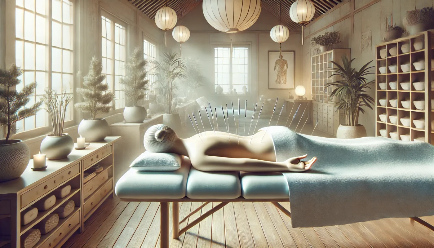 A calming acupuncture therapy scene featuring a patient on a comfortable table in a serene room with soft ambient lighting and natural elements like plants. Ideal for illustrating alternative therapies for inflammation relief.