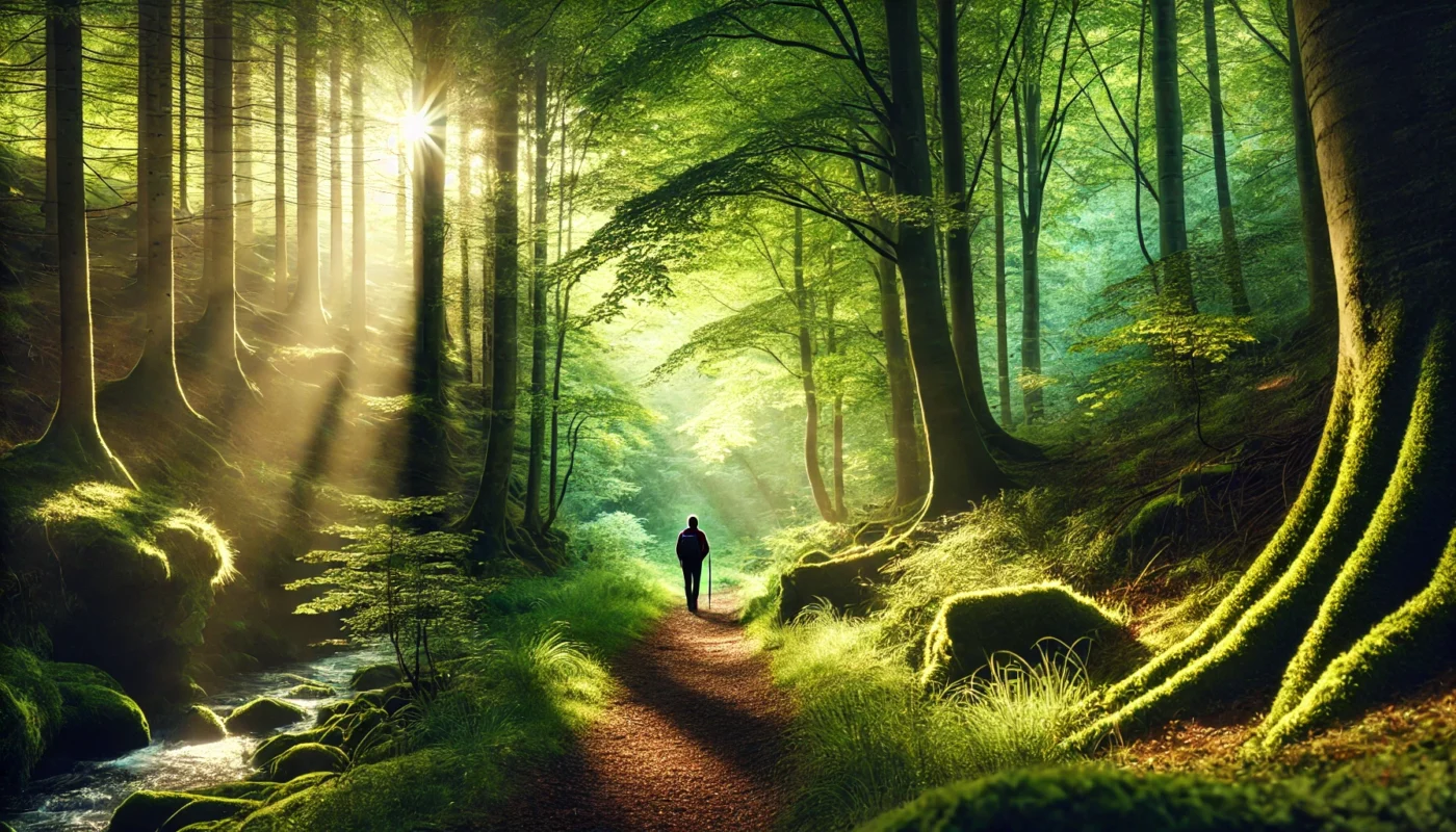 A tranquil scene of a person walking along a forest path surrounded by lush green trees, with sunlight filtering through the leaves, showcasing the calming and anti-inflammatory benefits of walking in nature.