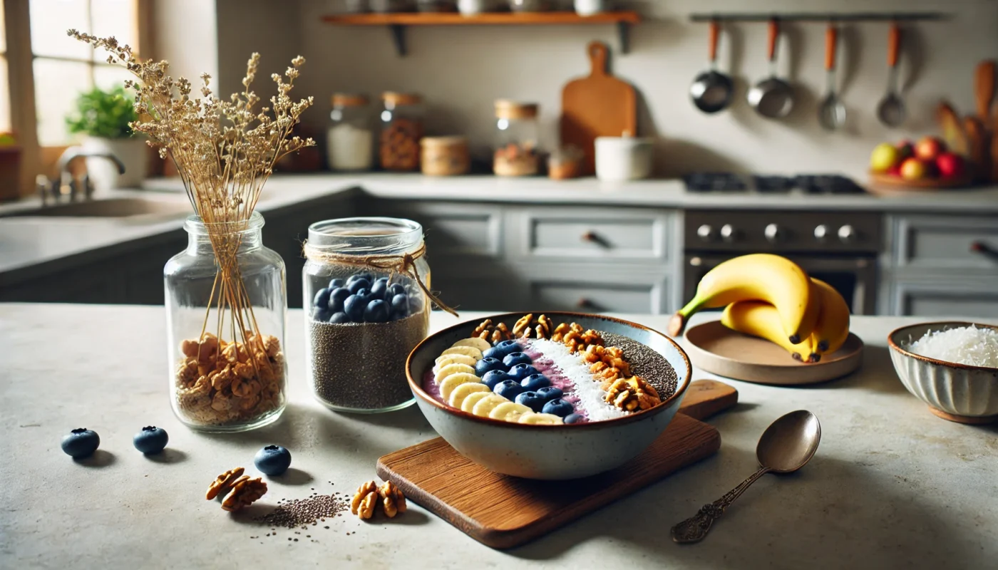 A beautifully arranged kitchen counter featuring a smoothie bowl made with blended blueberries and bananas, topped with chia seeds, walnuts, and coconut flakes. Surrounding the bowl are jars of fresh blueberries, walnuts, and chia seeds, alongside a bunch of bananas, a bowl of coconut flakes, and decorative dried flowers in a glass jar, creating a cozy and natural atmosphere.