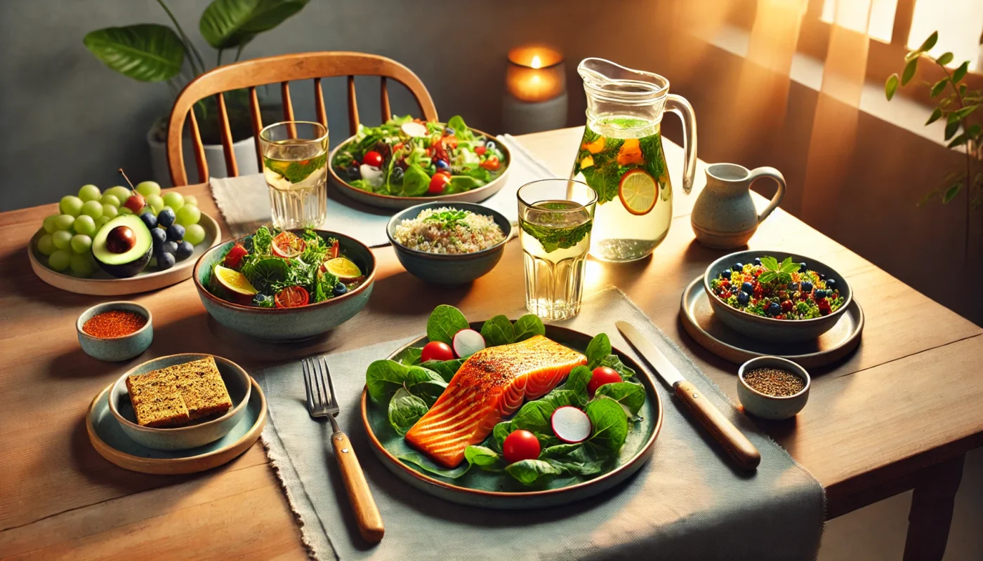 A beautifully arranged dining table with a Mediterranean-inspired meal focused on health and wellness. The setup includes a plate with grilled salmon on a bed of spinach, cherry tomatoes, and radishes, surrounded by dishes of quinoa, colorful salads, avocado, grapes, and a glass of infused water. The warm lighting creates a cozy, serene atmosphere, highlighting the vibrant colors of the fresh, wholesome ingredients.