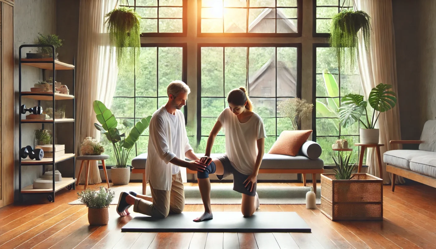 A peaceful physical therapy session tailored for knee arthritis management, showcasing a professional therapist assisting a patient with low-impact exercises on a supportive mat in a tranquil, naturally lit indoor space, enhanced by greenery and soft furnishings to emphasize personalized care and recovery.