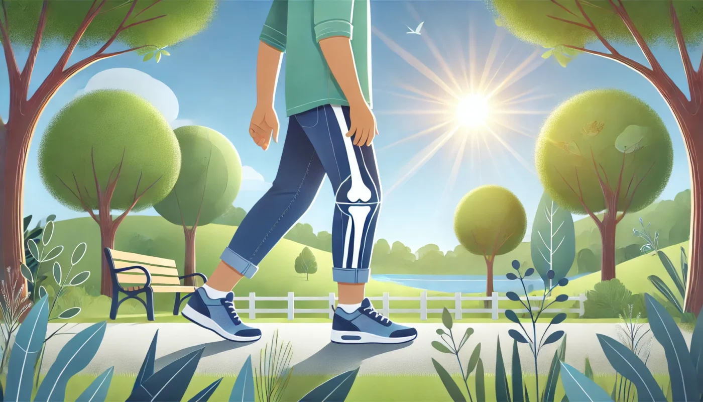  A peaceful scene highlighting lifestyle changes for knee arthritis management, including ergonomic furniture, walking aids, and a tranquil environment promoting joint health.