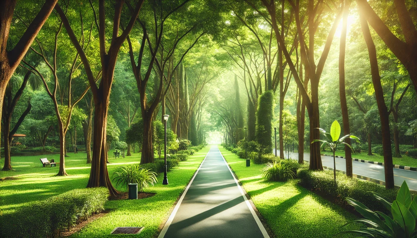 A peaceful walking path in a lush green park, surrounded by tall trees and sunlight filtering through the leaves. The image symbolizes the calming and anti-inflammatory benefits of regular physical activity on brain health.