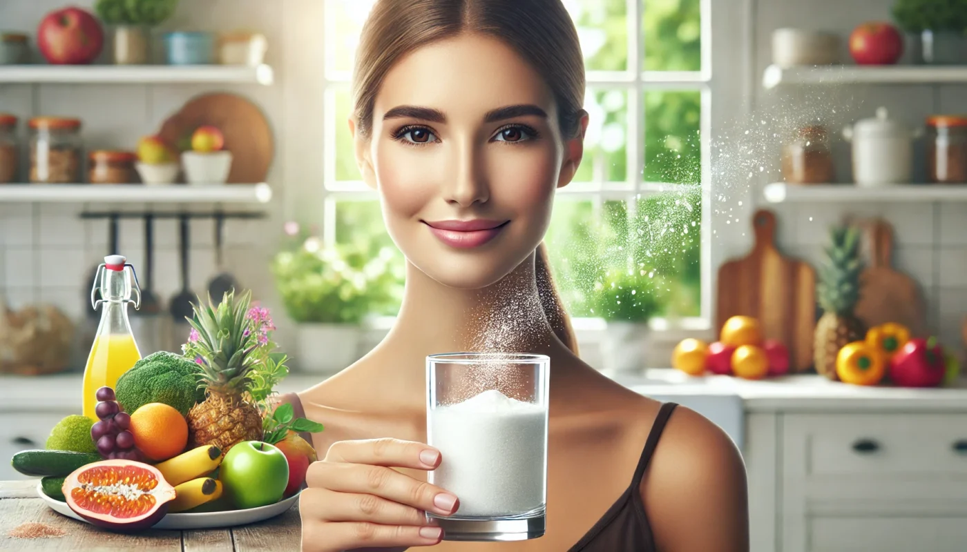 A woman with radiant, youthful skin holding a glass of water with dissolving collagen powder in a bright, modern kitchen with fresh fruits and vegetables, symbolizing a healthy lifestyle.