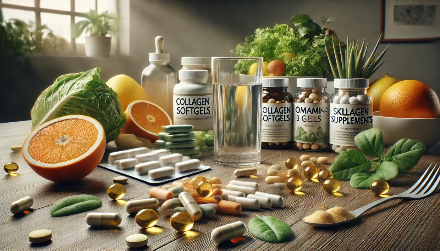 A selection of skincare supplements including collagen capsules, omega-3 softgels, and vitamin C tablets arranged on a wooden countertop, accompanied by fresh citrus fruits, leafy greens, and nuts for a holistic approach to skin health.