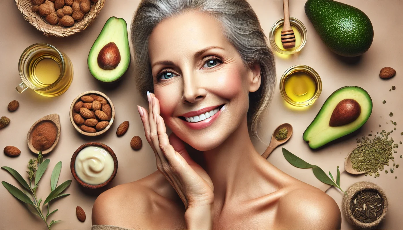 A smiling mature woman with smooth, hydrated skin gently touching her face, surrounded by natural skincare ingredients like avocado, almonds, and essential oils, promoting anti-aging benefits.