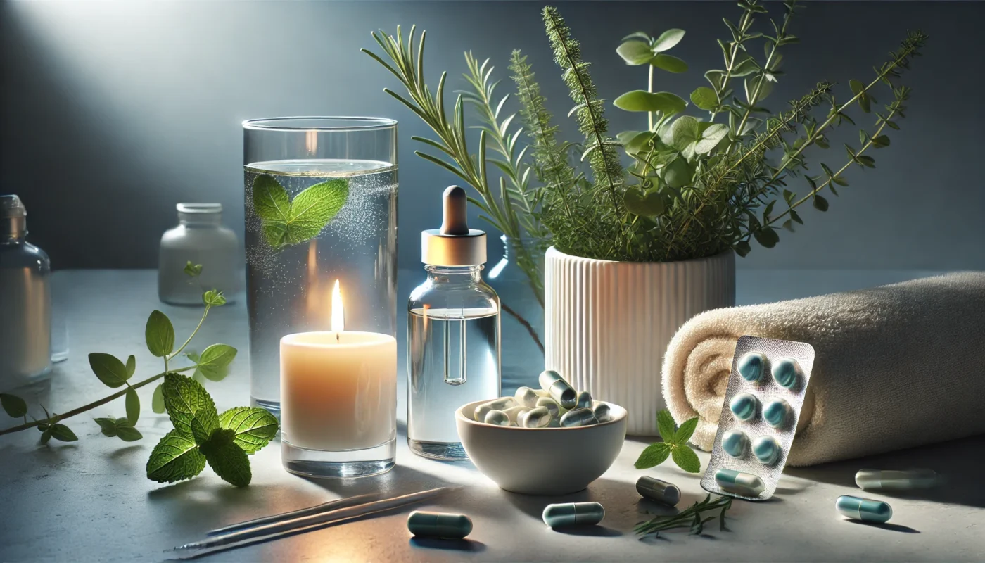 A wellness and beauty concept featuring a spa-like setup with a glass of water, skincare supplement bottles, fresh herbs like rosemary and mint, and a bowl of hyaluronic acid capsules beside a glowing candle, creating a serene self-care ambiance.