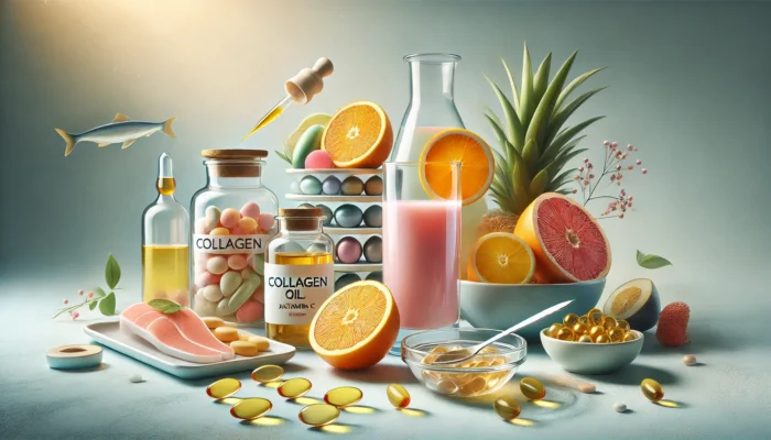 A vibrant still life showcasing supplements for skin elasticity, including a collagen-infused drink, fresh citrus fruits rich in vitamin C, fish oil capsules for omega-3, and a dish of hyaluronic acid serum, all arranged in a bright, fresh setting.