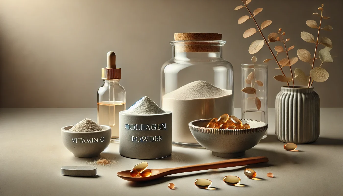 A modern still life arrangement of supplements for skin elasticity, featuring a glass jar of collagen powder, a wooden spoon with vitamin C powder, a dish of omega-3 capsules, and a dropper bottle of hyaluronic acid serum in a minimalist, sophisticated atmosphere.