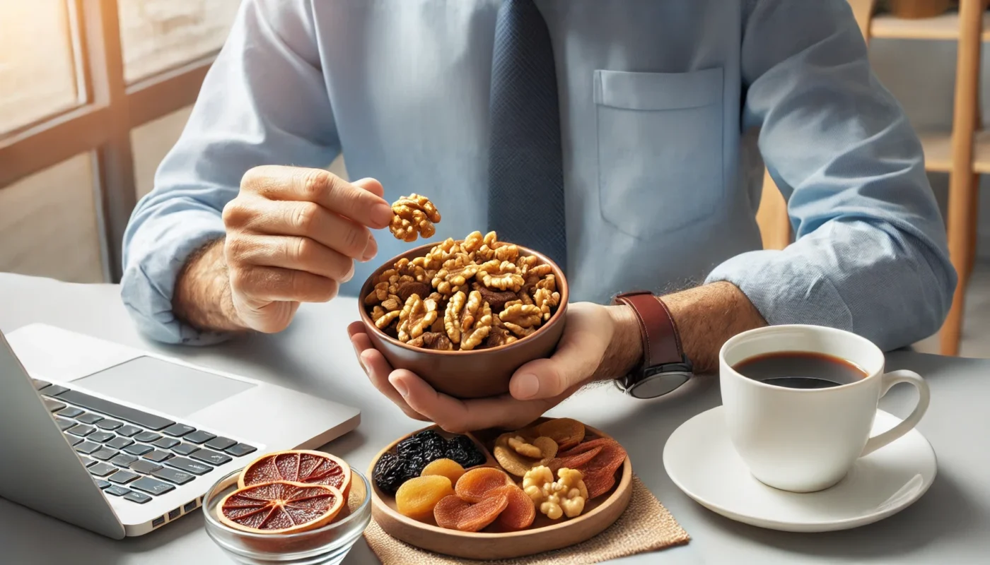 A person enjoying a healthy snack of walnuts and dried fruits while working at a desk, highlighting smart snacking habits that support heart health and triglyceride management.