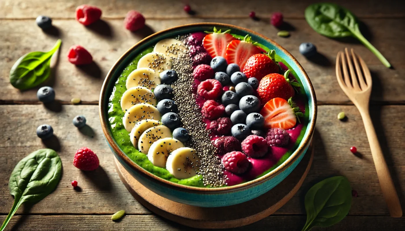 A colorful smoothie bowl with a vibrant green base of blended spinach and almond milk, topped with banana slices, mixed berries, and chia seeds, placed on a wooden table under natural lighting.