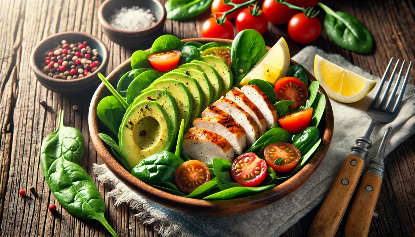 A vibrant salad bowl featuring fresh spinach, grilled chicken, avocado slices, cherry tomatoes, and a light lemon vinaigrette, highlighting anti-inflammatory ingredients suitable for an IBD-friendly diet.