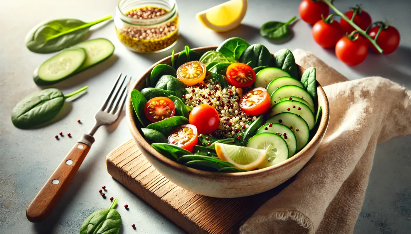 A vibrant bowl of spinach and quinoa salad with cherry tomatoes, cucumber slices, and lemon-tahini dressing, highlighted by natural lighting to showcase its freshness and anti-inflammatory benefits.