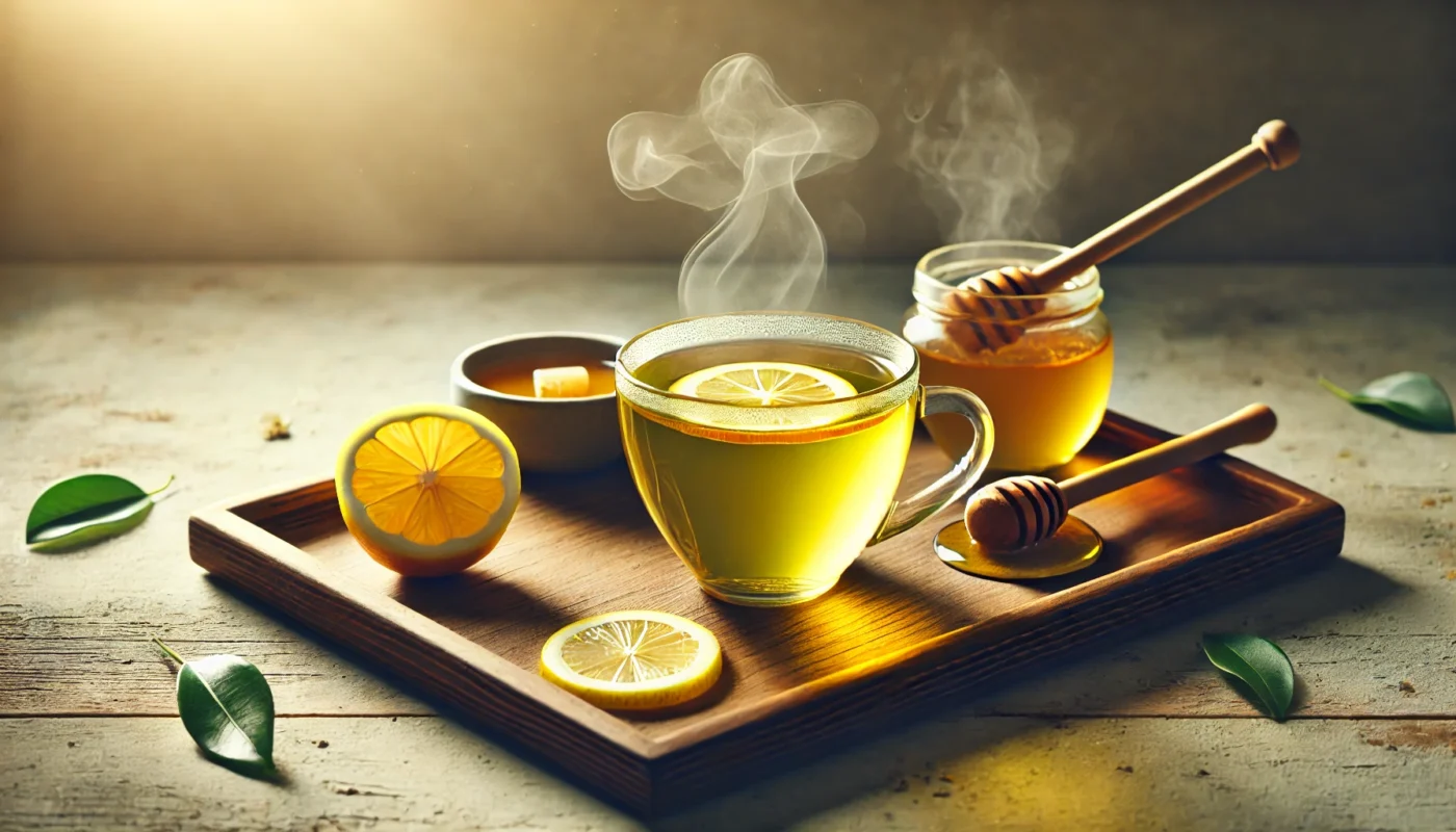 A steaming cup of brewed green tea on a wooden tray, accompanied by a dish of honey and a slice of lemon, highlighted by soft natural lighting to emphasize its soothing and anti-inflammatory properties.