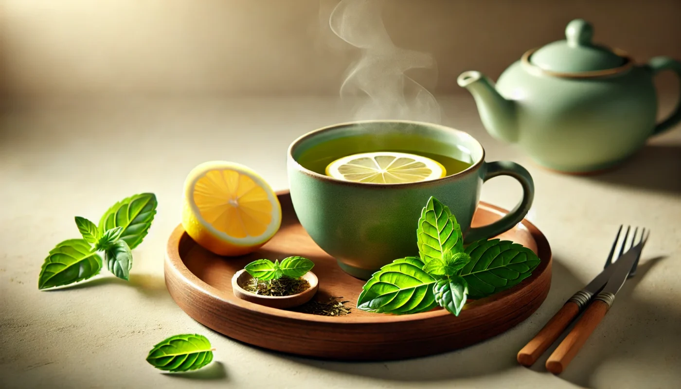 A calming setup with a steaming cup of green tea, garnished with a slice of lemon and a sprig of mint, placed on a wooden tray under natural lighting to emphasize its soothing and anti-inflammatory qualities.