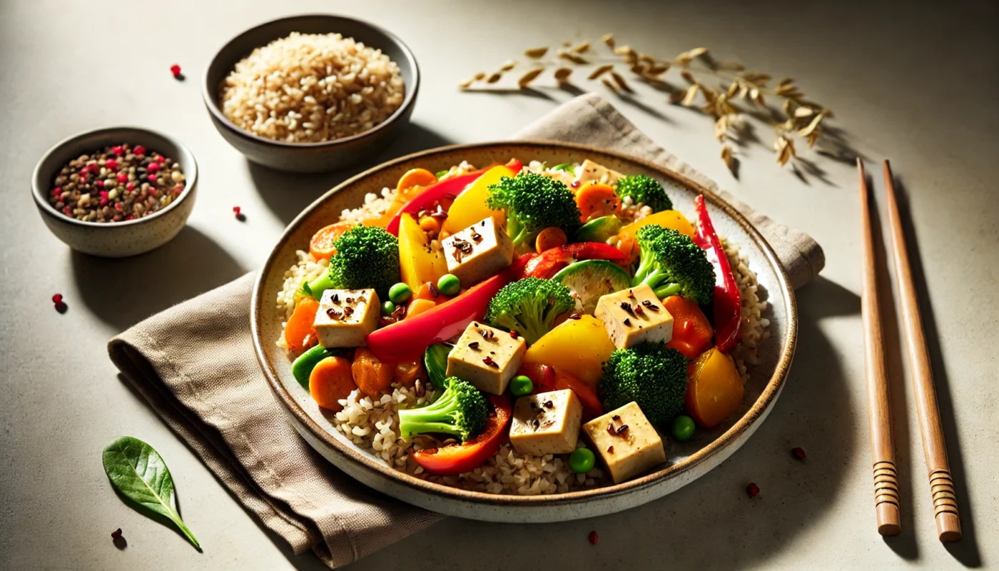 A colorful stir-fry dish featuring tofu, bell peppers, broccoli, and carrots, served with brown rice on a ceramic plate, highlighted by natural lighting to showcase its vibrant and anti-inflammatory qualities.