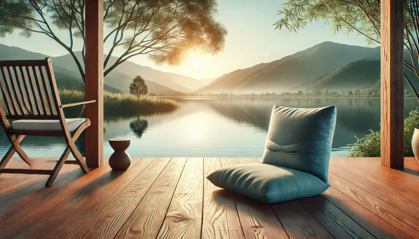 A serene outdoor scene featuring a meditation cushion on a wooden deck overlooking a peaceful lake with trees and mountains in the background. Soft sunlight and a calming atmosphere emphasize stress management for arthritis relief. Minimalist design in widescreen format.