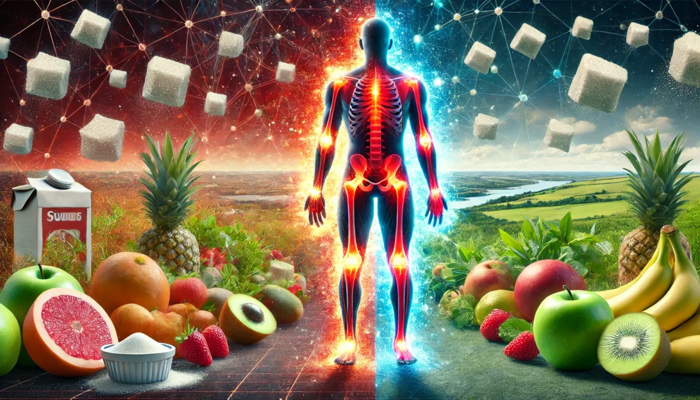 A conceptual artwork contrasting two figures: one with vibrant, glowing joints representing reduced inflammation, and another with red, inflamed joints. The background transitions from sugary foods to a natural, healthy environment, symbolizing dietary transformation.