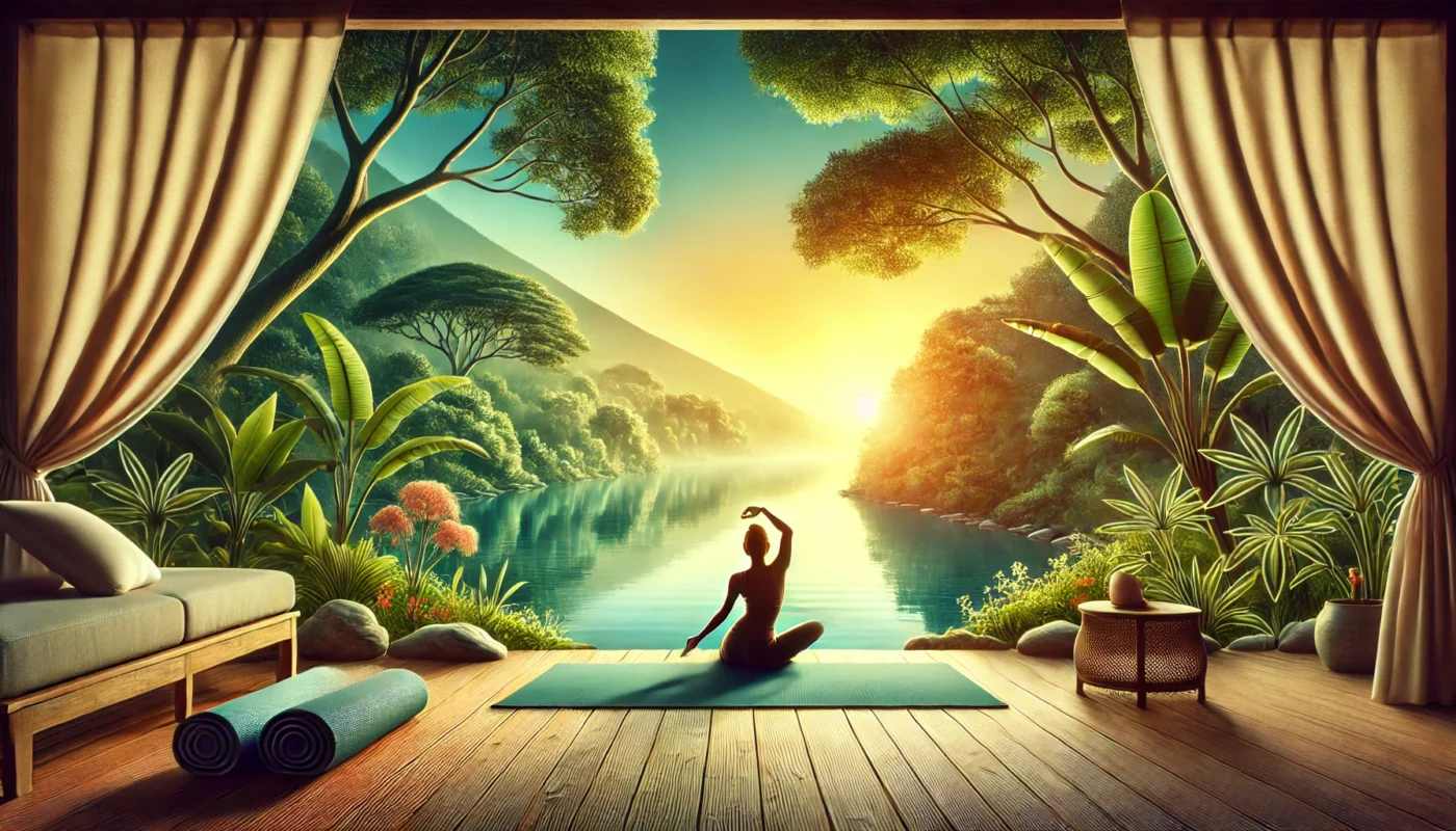  A peaceful outdoor yoga session by a tranquil lakeside at sunrise, surrounded by lush greenery. A person performs a gentle yoga pose, symbolizing relaxation and holistic health for managing IBS and IBD.