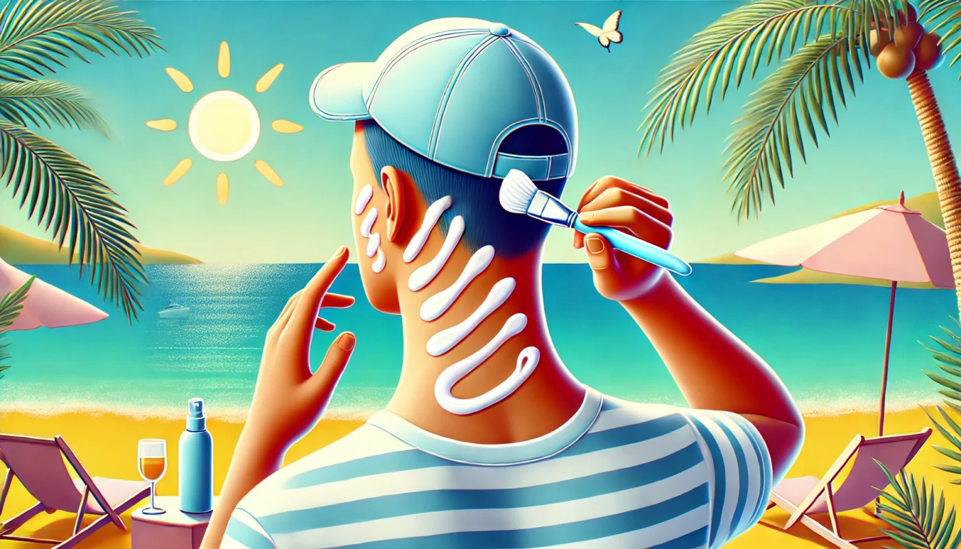 A man at the beach applying sunscreen incorrectly with a brush on the back of his neck while wearing a cap. Common sunscreen mistake: neglecting full coverage and missing exposed skin.