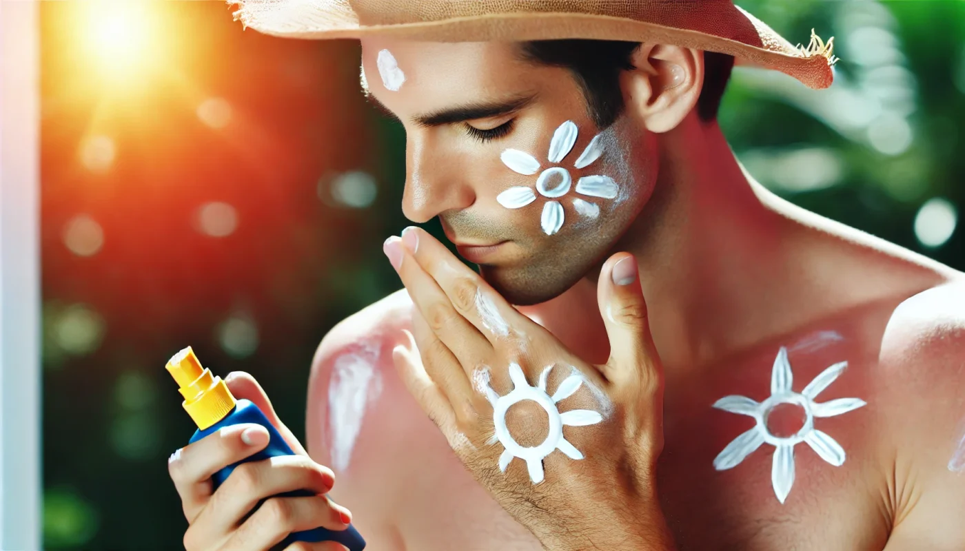 A man wearing a hat at the beach, applying sunscreen in decorative patterns on his face, hands, and chest. Common mistake: not spreading sunscreen evenly for full protection.