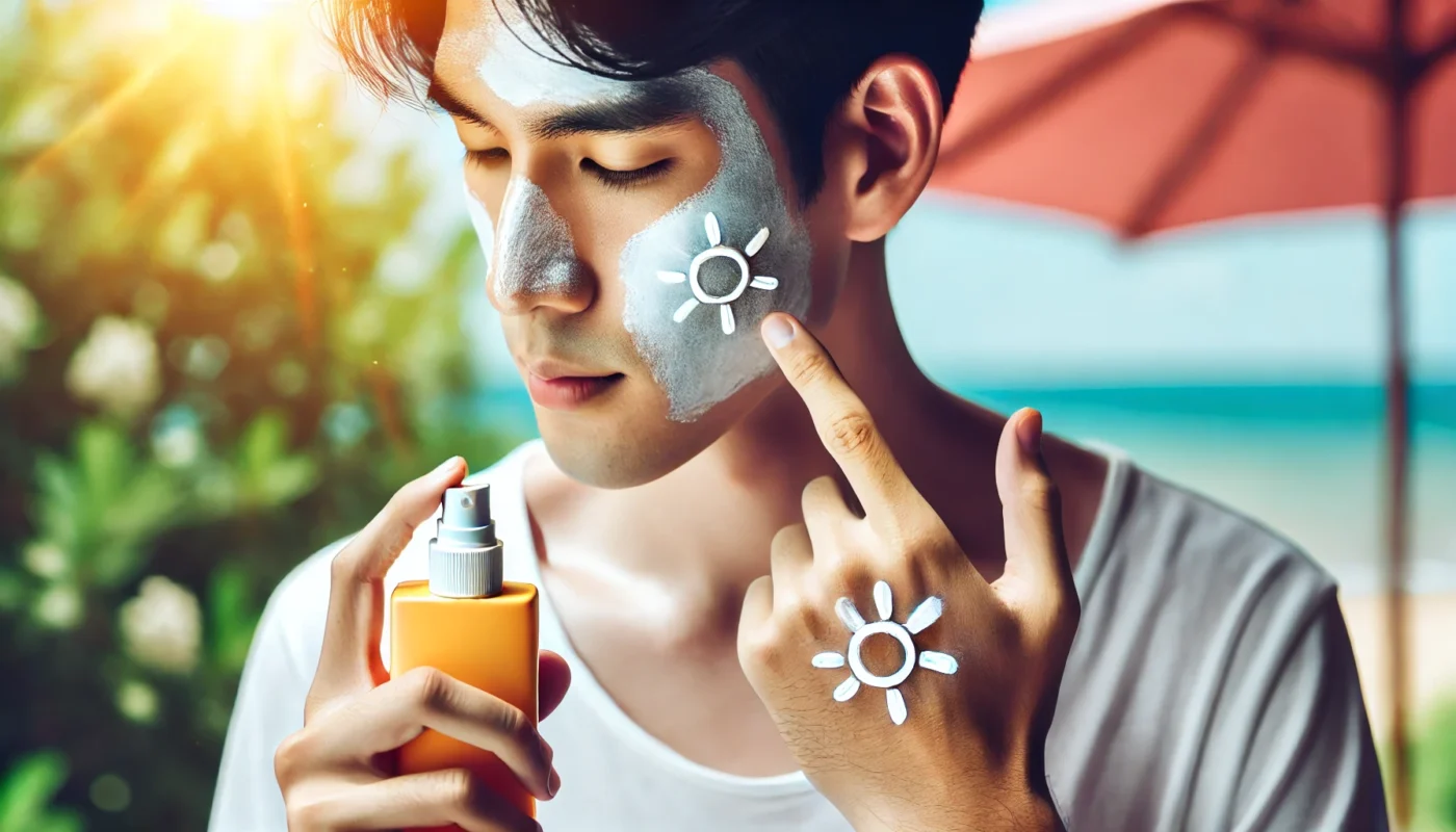 A young man at the beach applying sunscreen creatively with sun-shaped patterns on his face and hand. Common sunscreen mistake: uneven application and using too little product.