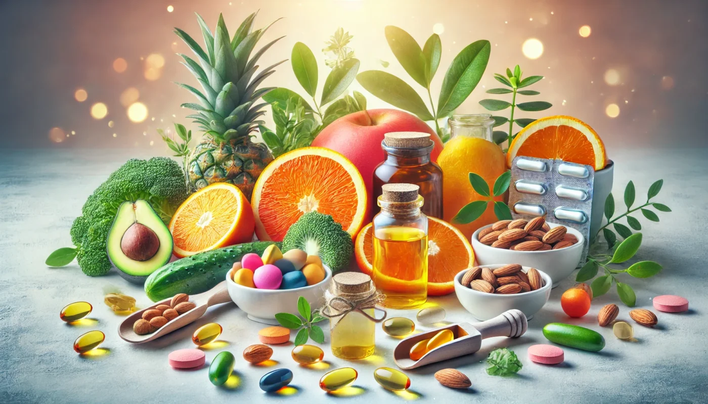 A vibrant assortment of skin and hair supplements, including vitamin C-rich oranges, vitamin E almonds, fish oil capsules, and leafy greens, arranged in a clean and luxurious aesthetic.