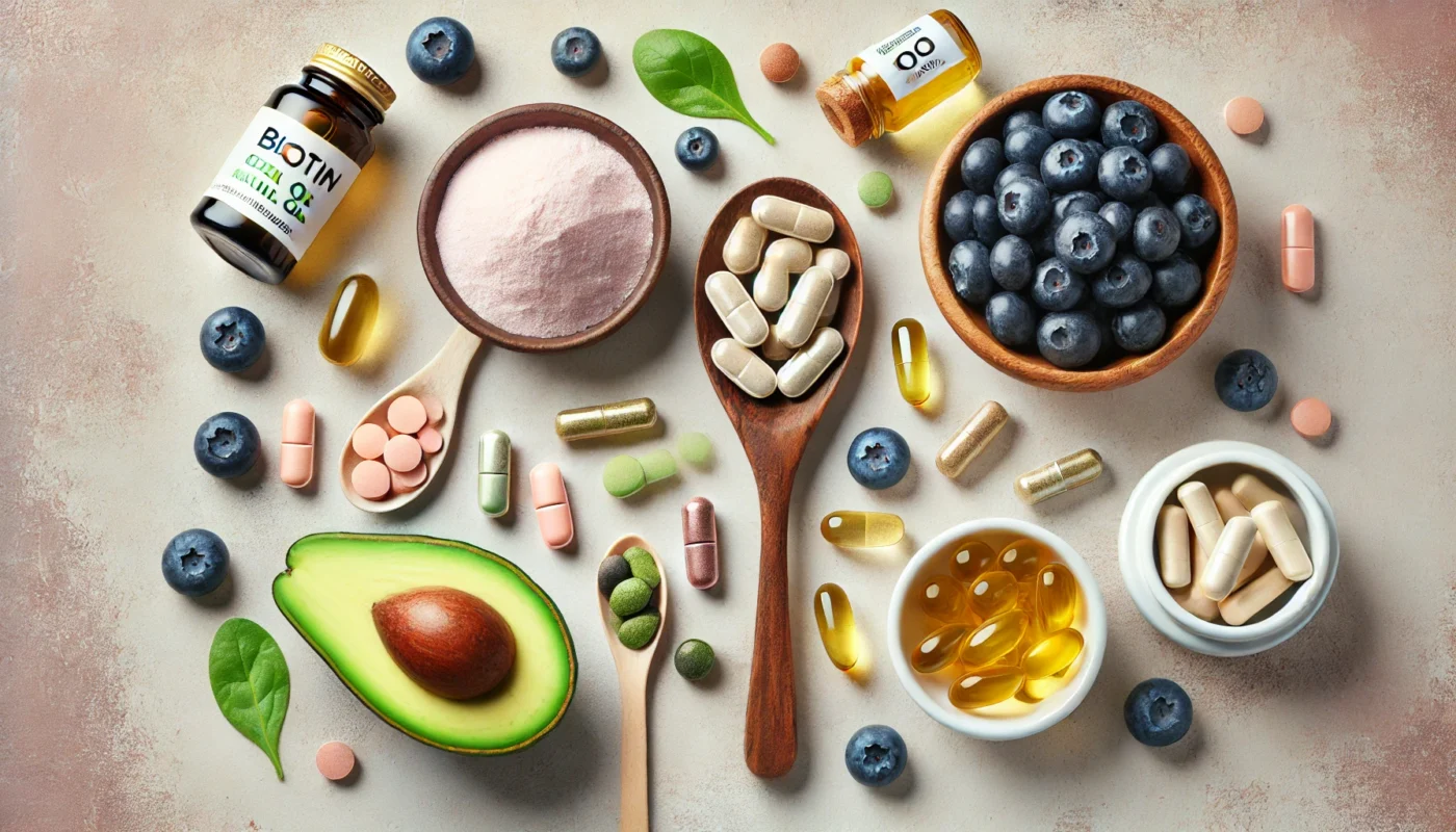 A wellness-themed flat lay featuring collagen powder, biotin capsules, omega-3 soft gels, blueberries, and avocado, representing antioxidant-rich nutrients for glowing skin and hair.