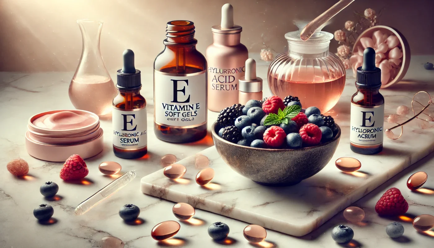 A luxurious beauty arrangement showcasing vitamin E soft gels, hyaluronic acid serum in a dropper, and antioxidant-rich mixed berries on a soft marble background.