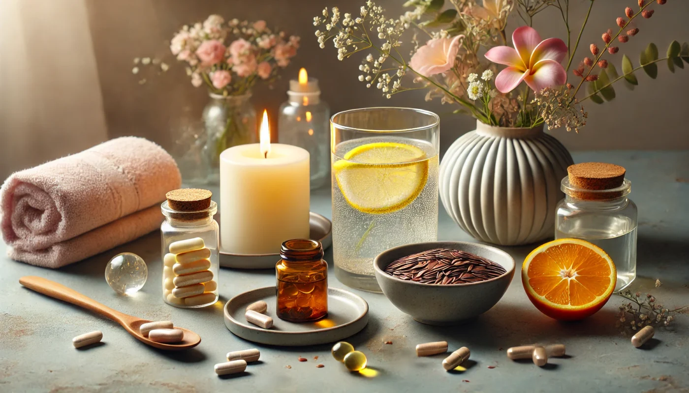 A serene spa-inspired setting with collagen-infused water, citrus slices for vitamin C, flaxseeds for omega-3, and zinc capsules, creating a rejuvenating and holistic wellness aesthetic.