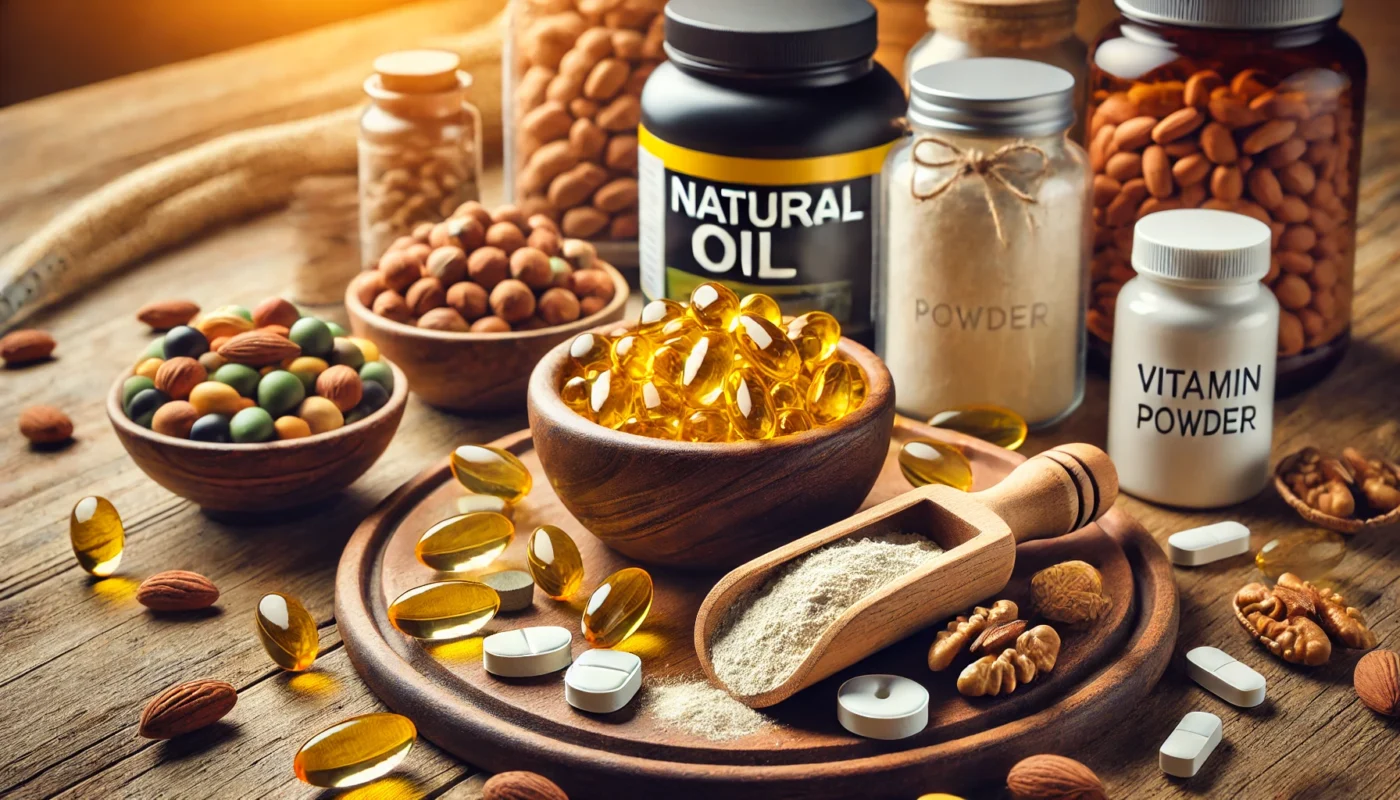 A collection of natural supplements for injury recovery, including fish oil capsules, protein powder, vitamin C tablets, and mixed nuts, arranged on a wooden surface.