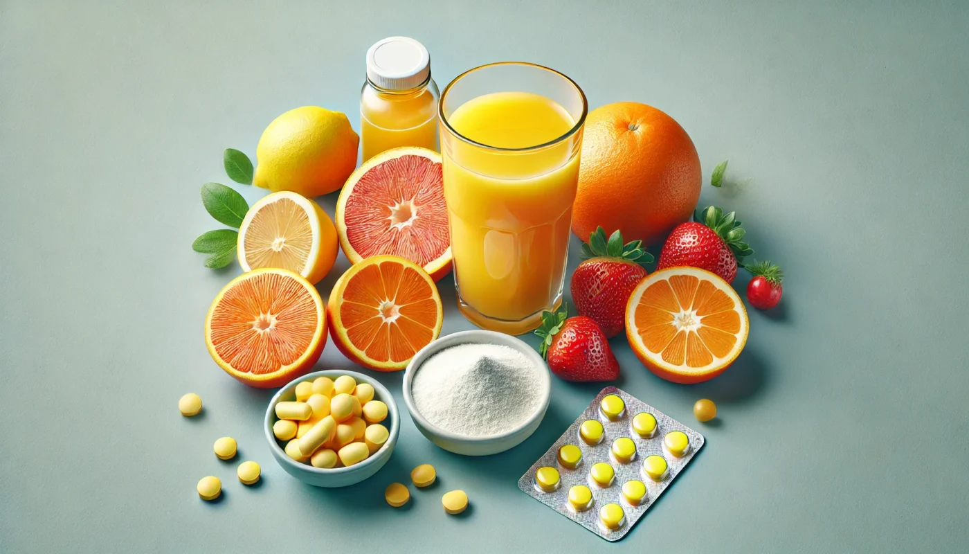 A glass of fresh orange juice surrounded by vitamin C-rich fruits like oranges, lemons, and strawberries, alongside vitamin C tablets and collagen powder for tissue repair.