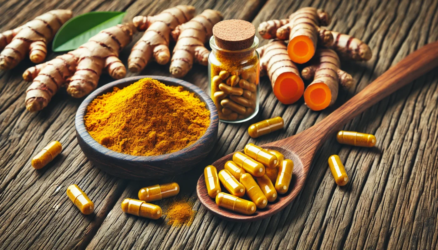 A wooden spoon filled with turmeric powder, curcumin capsules, and fresh turmeric roots on a rustic table, showcasing the natural anti-inflammatory benefits of curcumin for injury recovery.