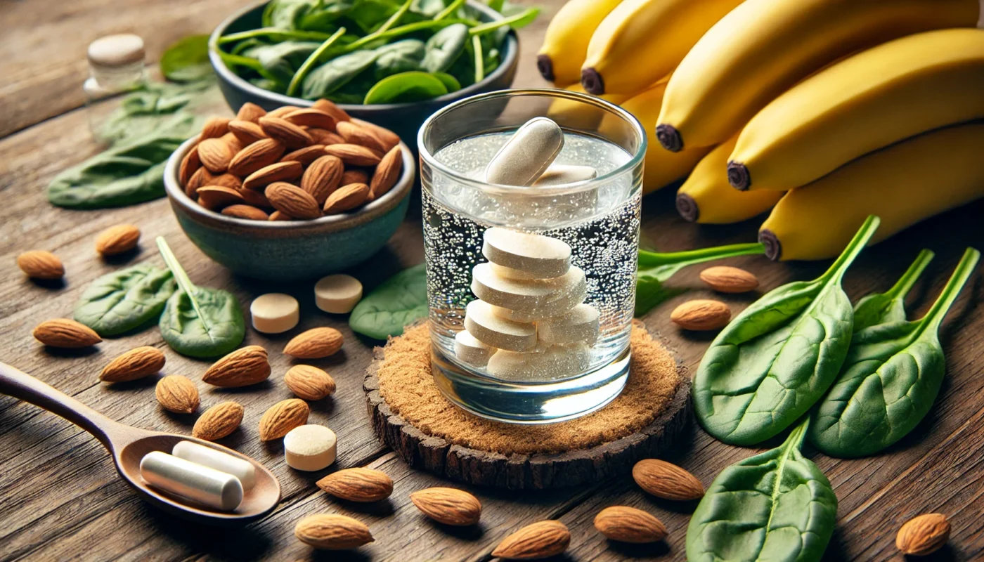 A glass of water with a dissolving magnesium supplement, surrounded by magnesium-rich foods such as almonds, spinach, and bananas, highlighting its role in muscle function and injury recovery.