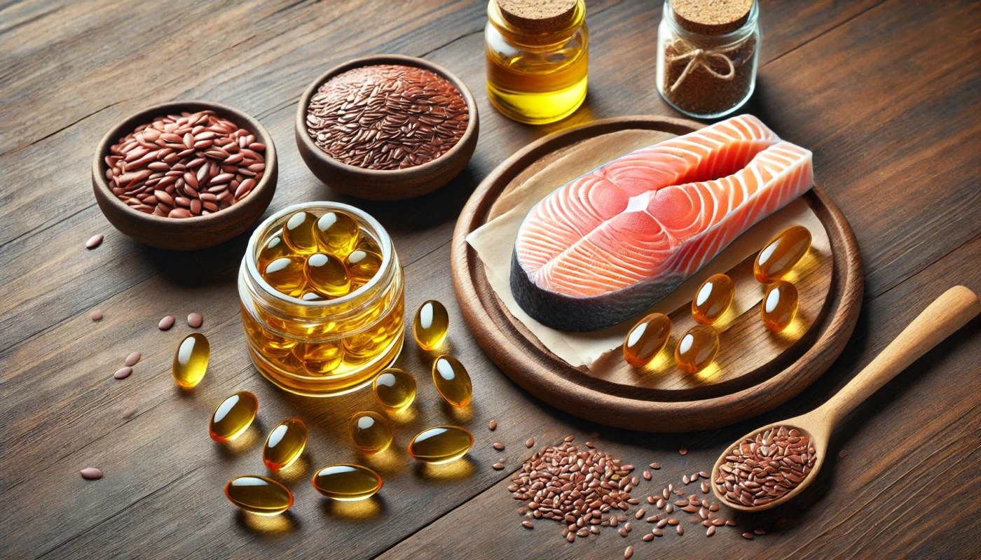 A wooden table displaying omega-3 supplements, including fish oil capsules, flaxseeds, and a small dish of salmon, highlighting their role in reducing inflammation and aiding injury recovery.