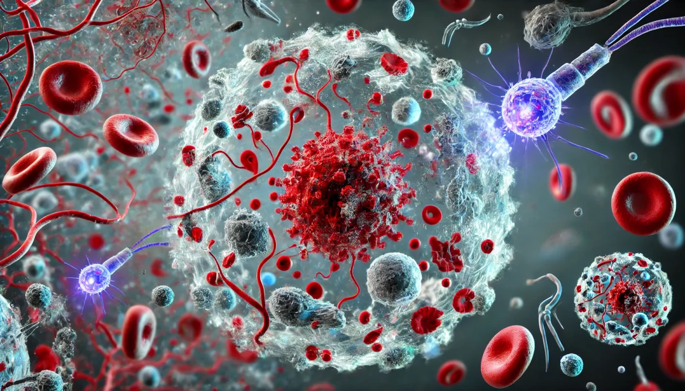 Illustration of inflammation in the human body, showing immune cells responding to an injury with blood vessels, macrophages, neutrophils, and molecular mediators moving toward the affected area, highlighting redness and swelling.