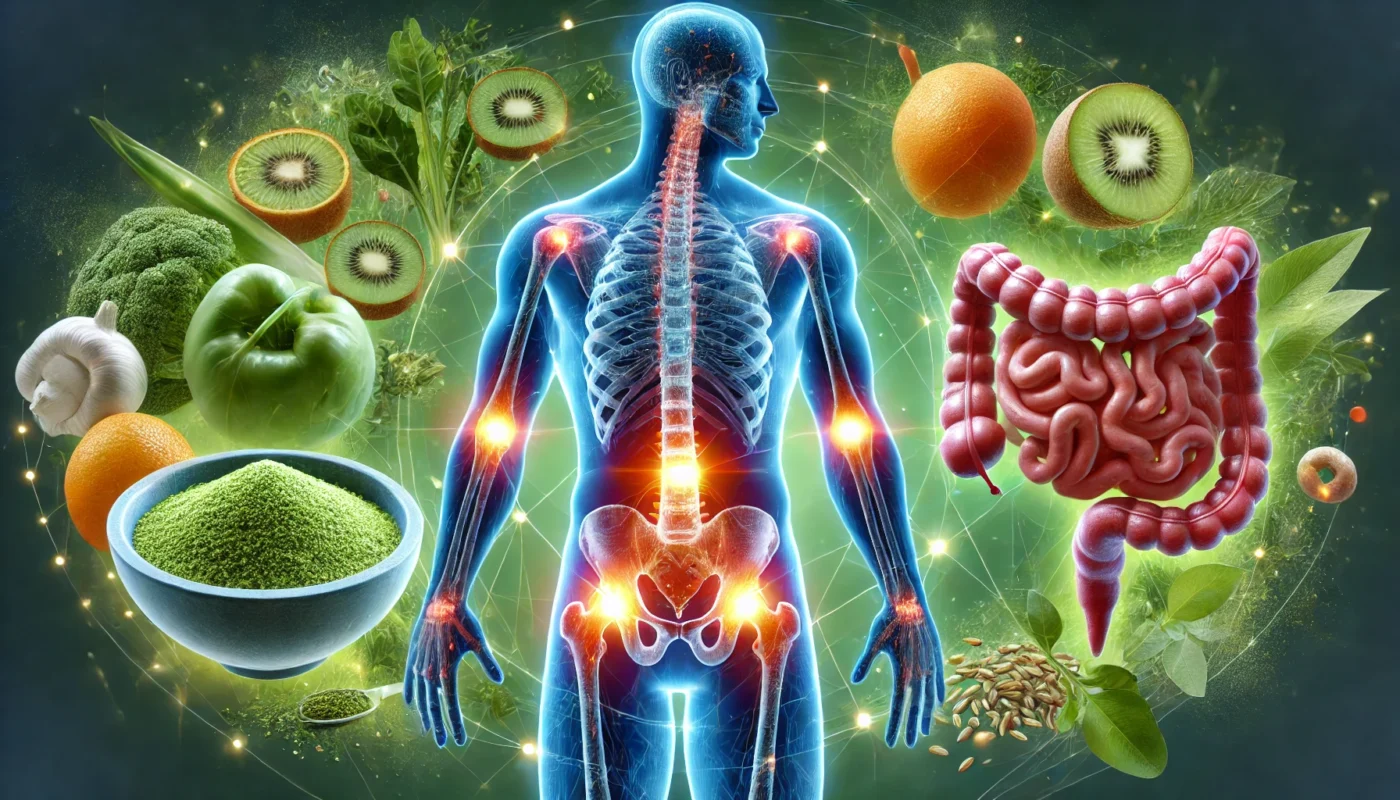 A conceptual illustration depicting the gut-joint connection with a glowing human figure showing highlighted joints and a vibrant digestive system. Surrounded by fresh greens, fruits, and grains, symbolizing the role of diet in managing joint inflammation and gut health.