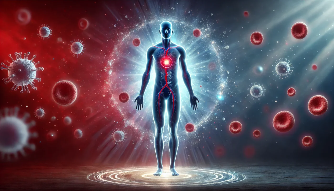 A human silhouette glowing with white blood cells inside, surrounded by a radiant aura symbolizing immune activity. The background shifts from deep red, representing inflammation, to calming blue tones, emphasizing the immune system's role in maintaining balance and health.