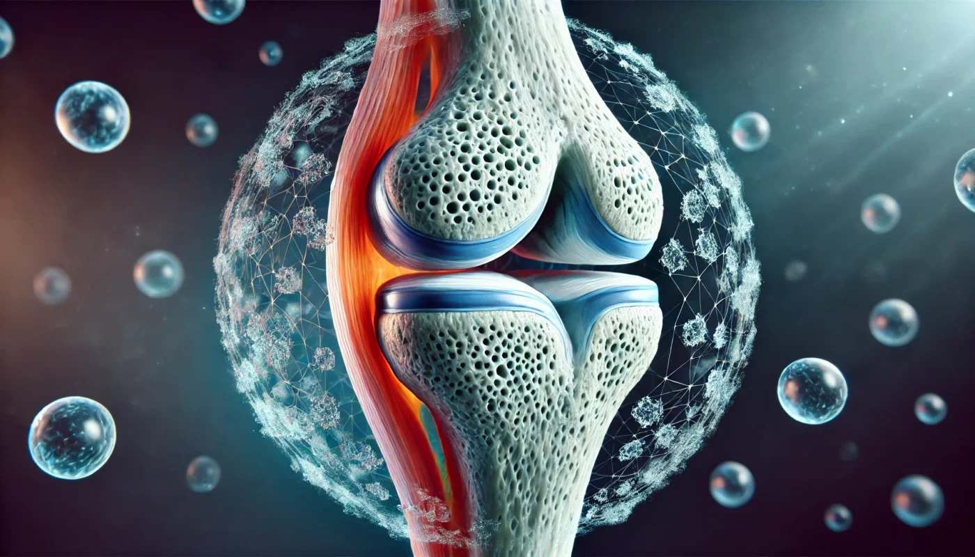 A realistic illustration of synovial fluid within the knee joint, showing its role in lubricating cartilage surfaces and providing essential nutrients to support smooth movement and joint health.