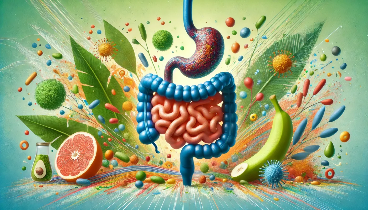 An artistic depiction of a healthy gut microbiome with vibrant, colorful beneficial bacteria and natural elements like leafy greens and bananas. Highlights dietary health for managing IBS and IBD.