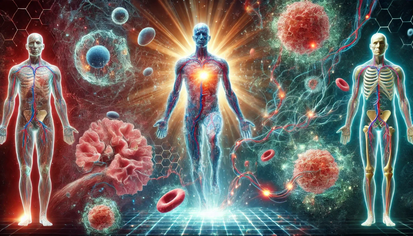 An artistic depiction of tissue repair during the healing process, featuring a glowing network of regenerating cells and blood vessels, emphasizing the body’s natural recovery mechanisms.