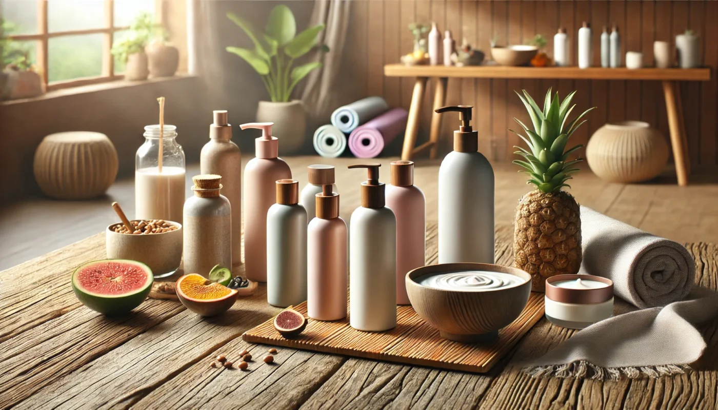 A morning skincare setup featuring sunscreens alongside fresh fruits and yoga mats, showcasing products that cater to all skin tones without leaving a white cast.