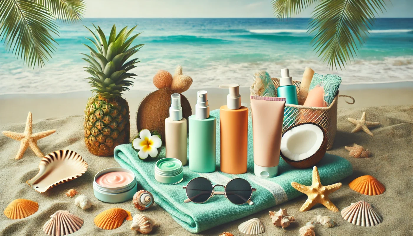 Sunscreens arranged on a beach towel with tropical fruits and seashells, highlighting lightweight formulas that don't leave a white cast, perfect for sunny getaways.