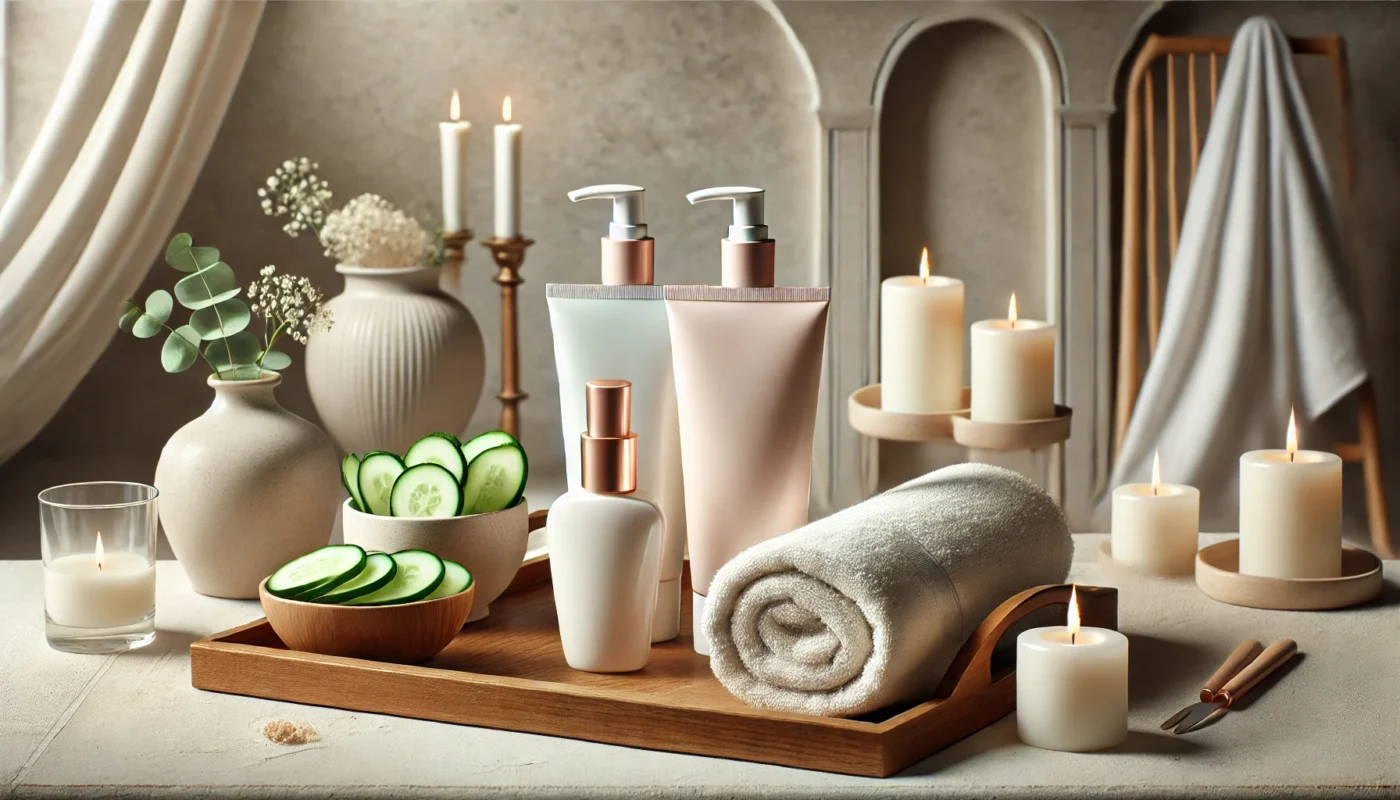 A spa-inspired scene with sunscreens on a wooden tray, surrounded by fresh cucumbers and candles, promoting sunscreens that deliver invisible protection for all skin tones.