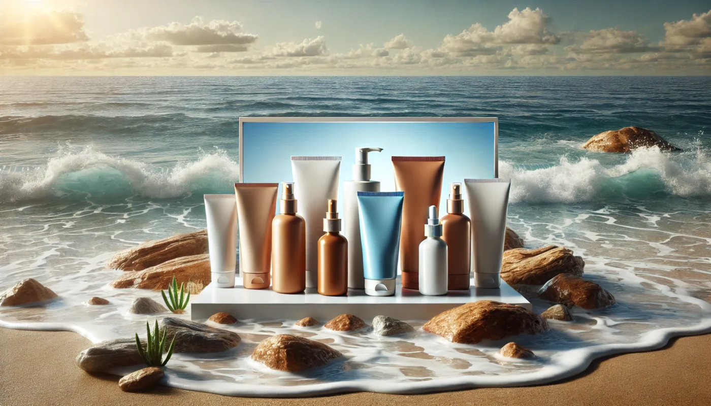 A selection of sunscreens displayed on smooth rocks with an ocean backdrop, showcasing products that blend seamlessly into all skin tones without leaving a white cast.