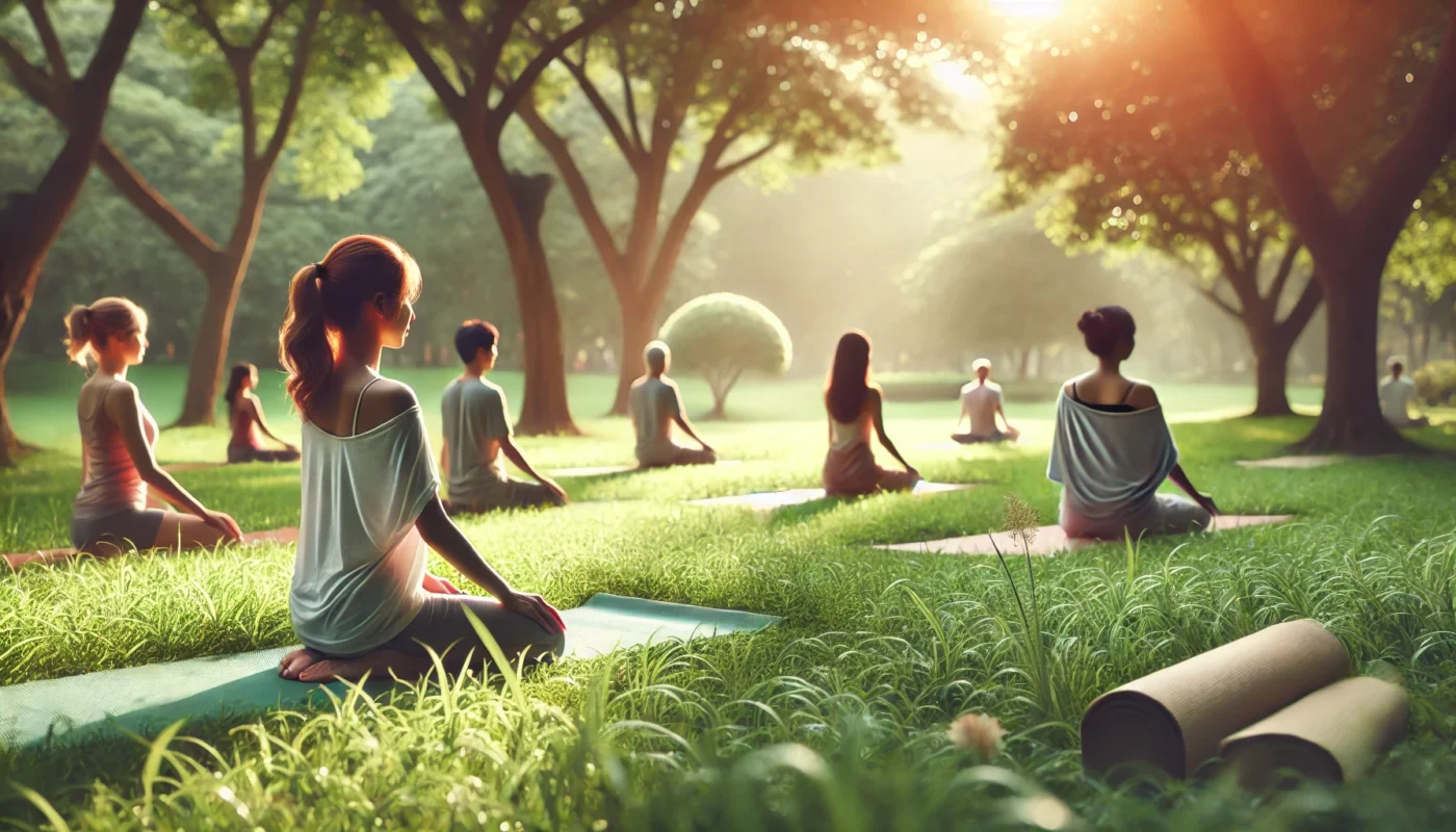 A serene outdoor yoga session with a diverse group of people practicing poses on a grassy field, surrounded by lush trees and soft sunlight creating a peaceful ambiance.