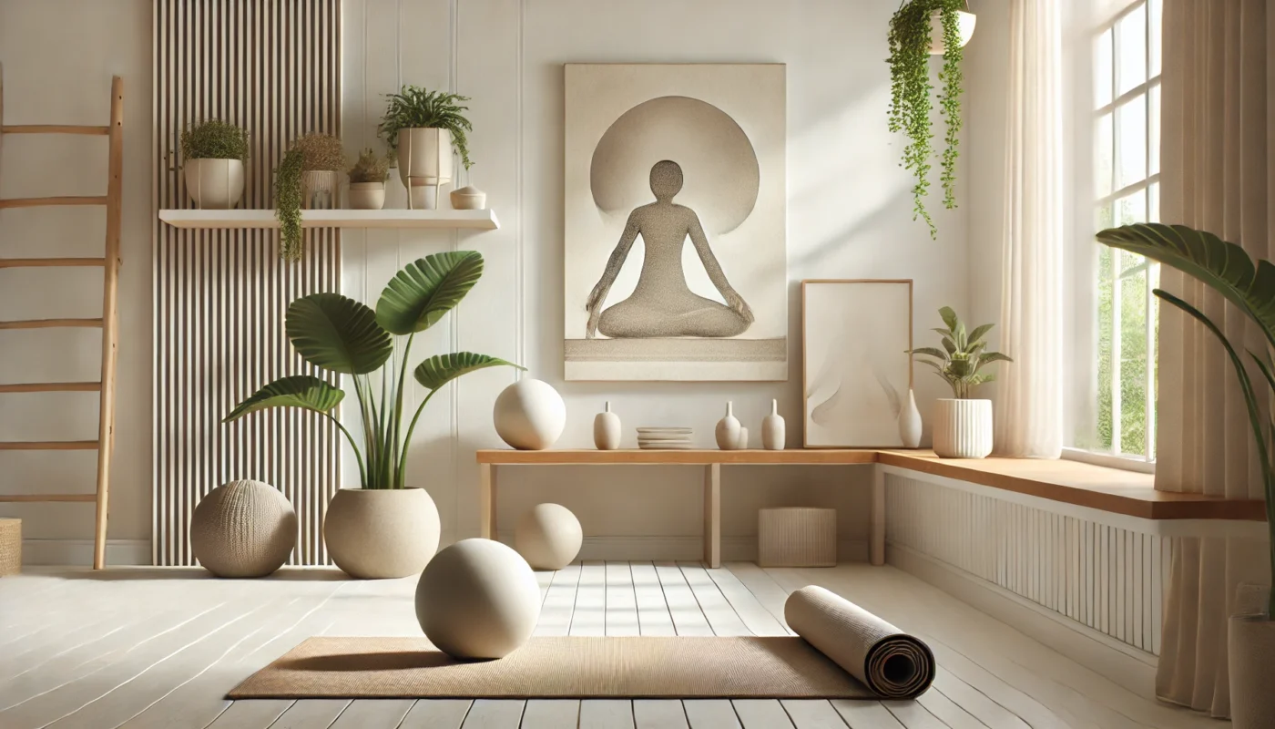 A serene yoga session in a bright, sunlit room with a yoga mat, minimalist decor, and potted plants, promoting calmness, relaxation, and stress management for inflammation control.